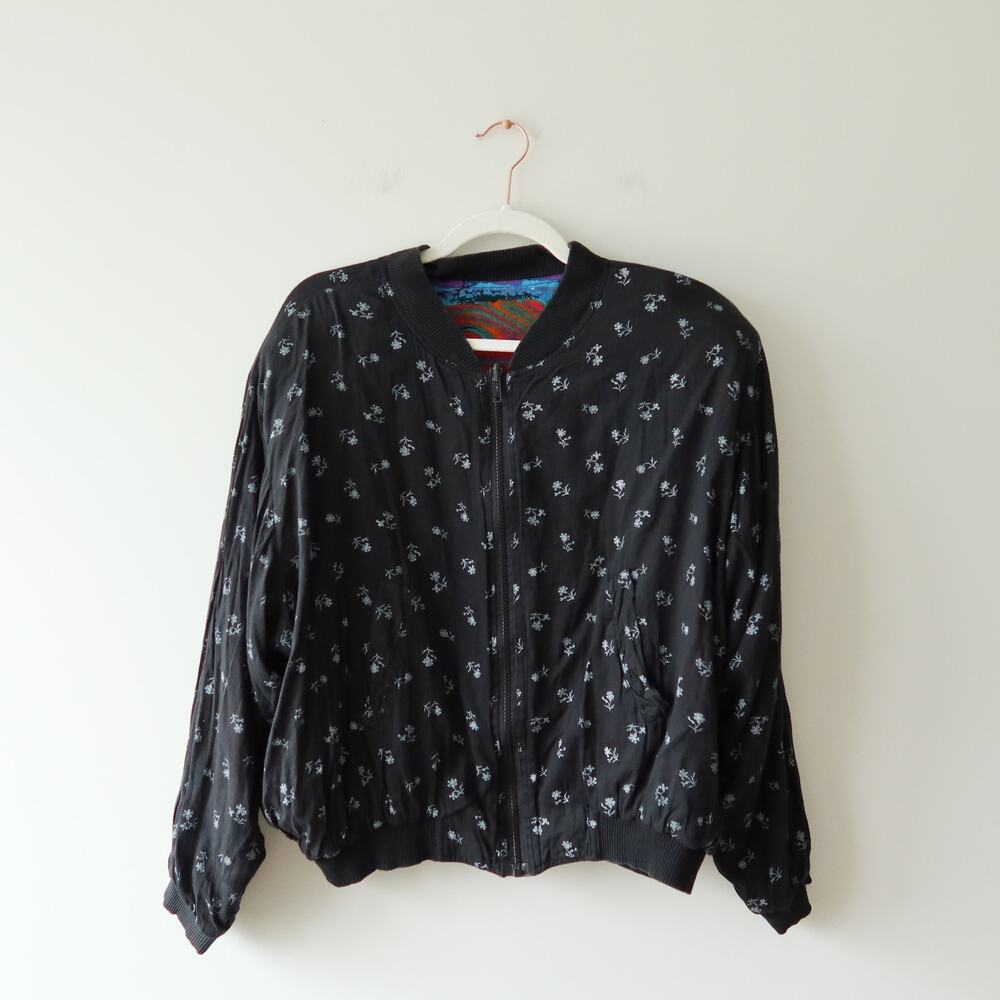 Vintage Reversible Bomber Jacket Boho Floral Abstract Aztec Print Small